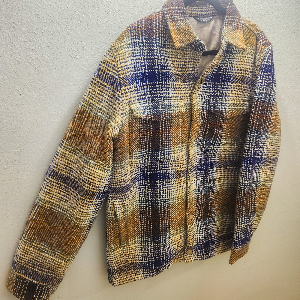 Alpine Design Plaid Shacket Womens Medium Button Front Jacket Mustard Blue Fall